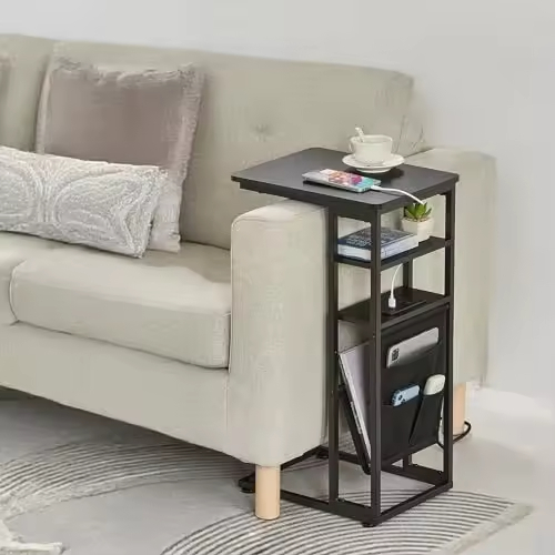 Custom Industrial Style C Shaped Side Table with Charging Station Vintage End Table for Living Room Furniture Direct Factory