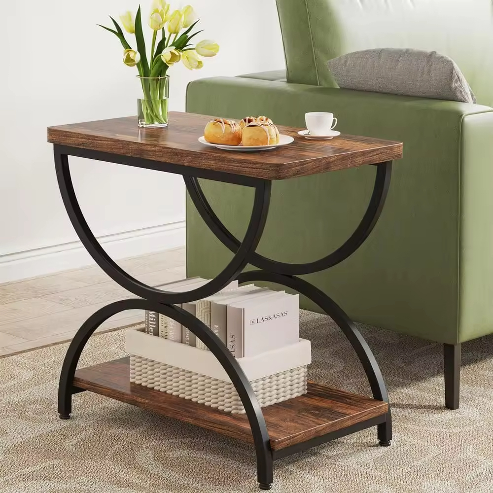 Factory Custom 23.62in Rustic Brown & Black Rectangle Wood End Side Accent Table with Stylish 2-Tier Metal Frame for Dining
