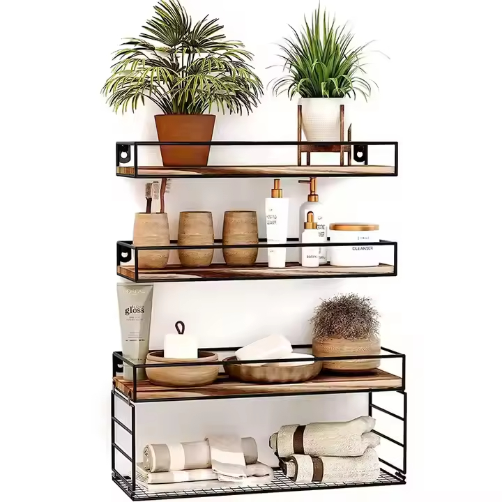 Rustic Retro Modern Vintage Sofa Console Tables Floating Wood Mounted Steel Rack for Tool Storage Rotating Living Room Wardrobe