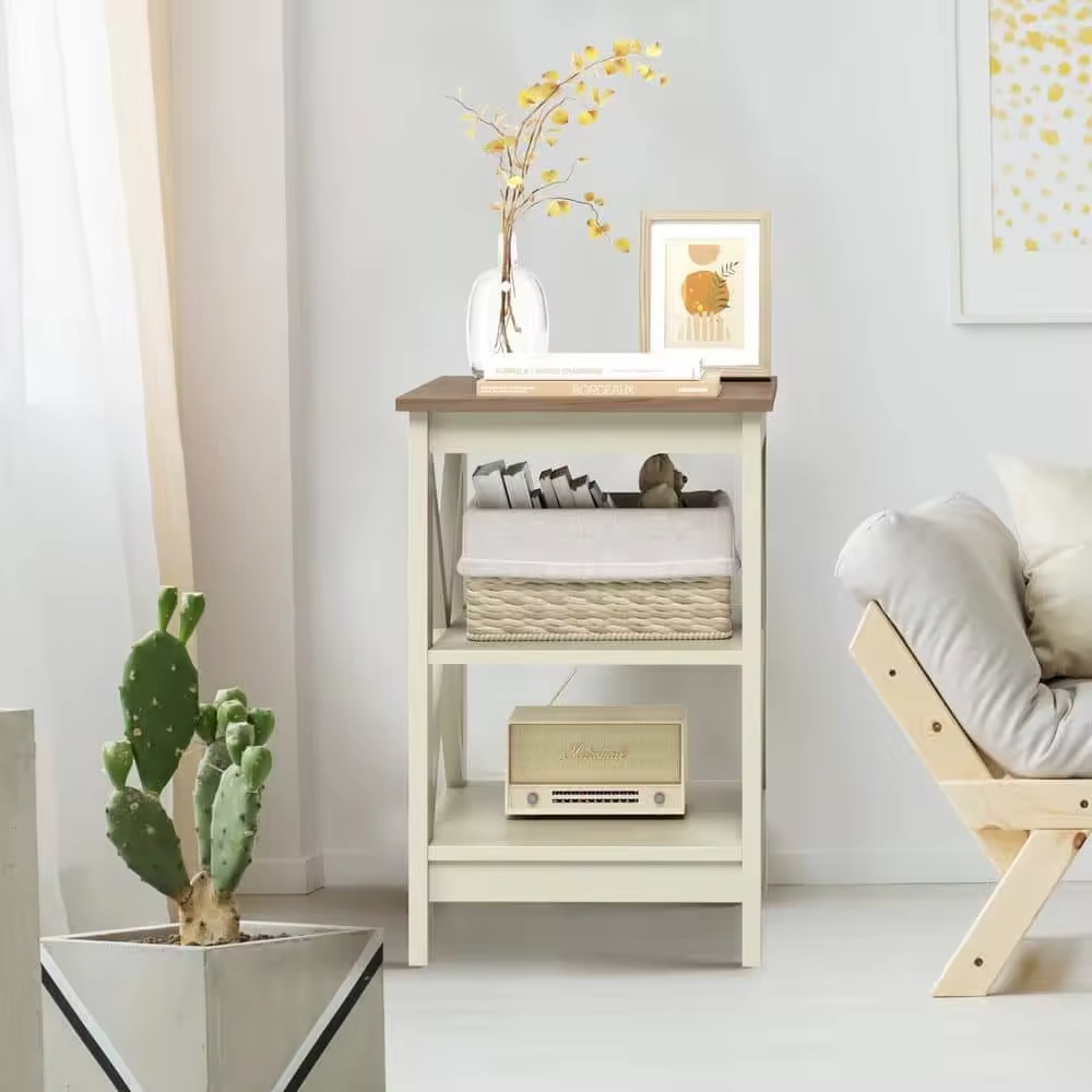 Factory ODM&OEM White MDF Accent Square End Table with 3-Tier Side Table Metal Frame Modern Bedroom Side Table Nightstands