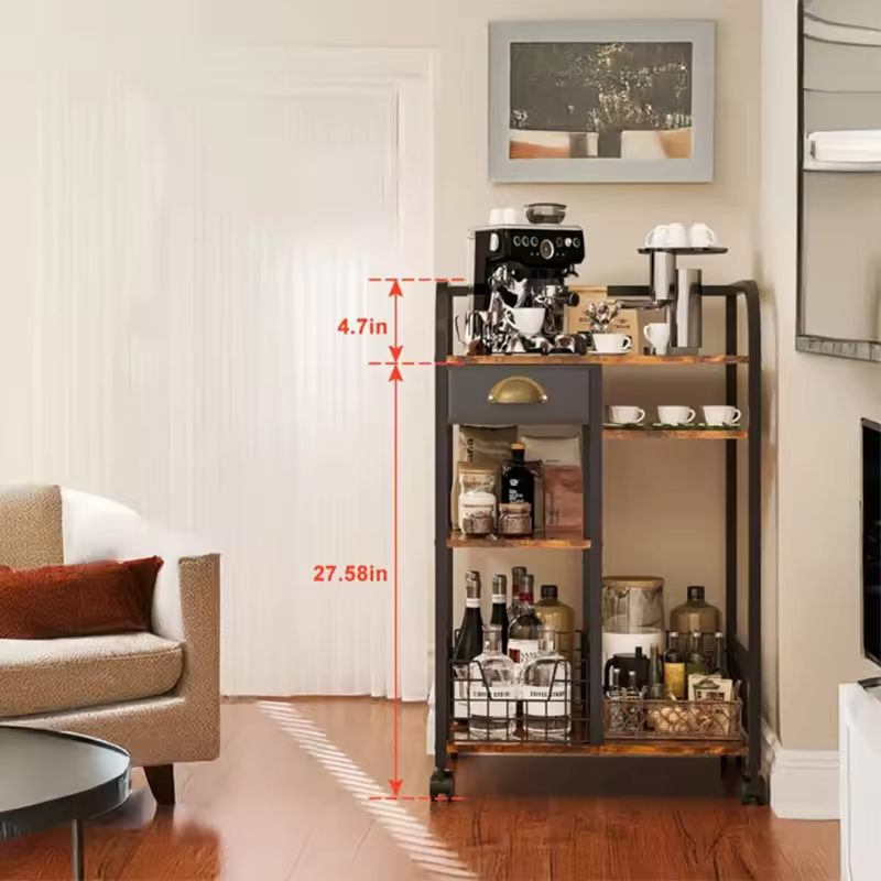 3-Tier Adjustable Vintage Steel & Wood Tool Storage Rack with Rotating Design and Mobile Wheels