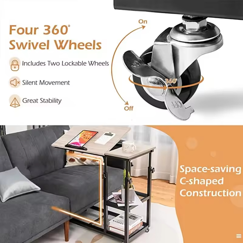 Adjustable Height Mobile C Shaped Console Table Storage Charging Station Rustic Modern Design Living Room Furniture for Home