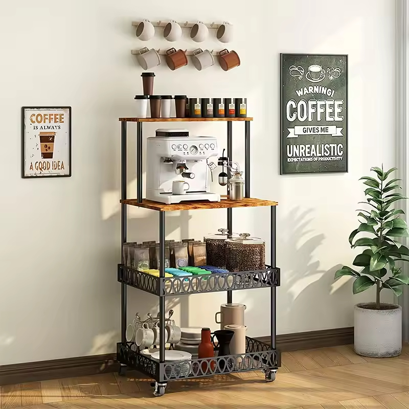 Factory Custom 4-Tier Standing Bakers Rack Smooth-Rolling Wheels for Microwave Storage Spacious Kitchen Kitchen Islands Carts
