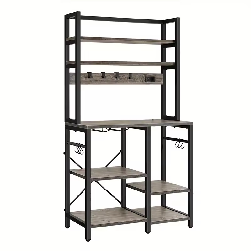 OEM/ODM Manufacturer's Freestanding Kitchen Storage Shelf Baker's Rack Microwave Oven Stand Coffee Bar Cabinet Power Outlet