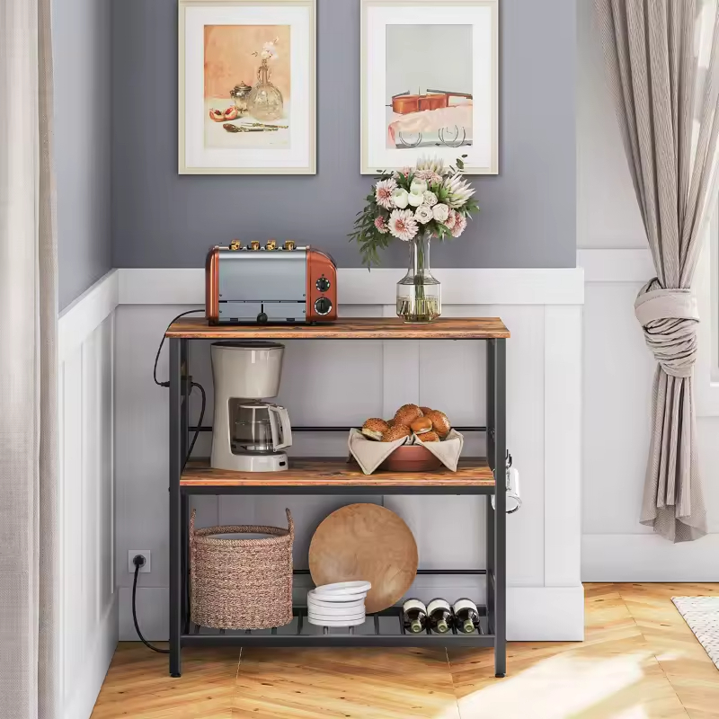 Customizable 3-Tier Kitchen Organizer Rack LED Strip Wood&Metal Storage Rack Featuring Power Outlet Hooks Standing Type