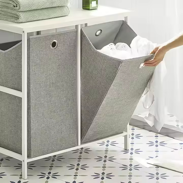 Commercial 2-in-1 Laundry Organizer | Steel + Polyester Construction | Removable Waterproof Fabric Bags | Bathroom Clothing