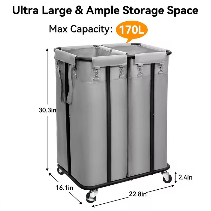 High-Capacity Wheeled Steel & Polyester Waterproof Laundry Hamper with Customizable Storage for Bathroom and Clothing