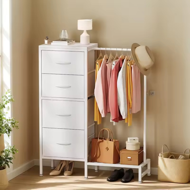 Small Metal Frame Bedroom Organizer with Hanging Rack and 4 Drawers Space-Saving Furniture for Bathroom Hotel Dorm or Closet