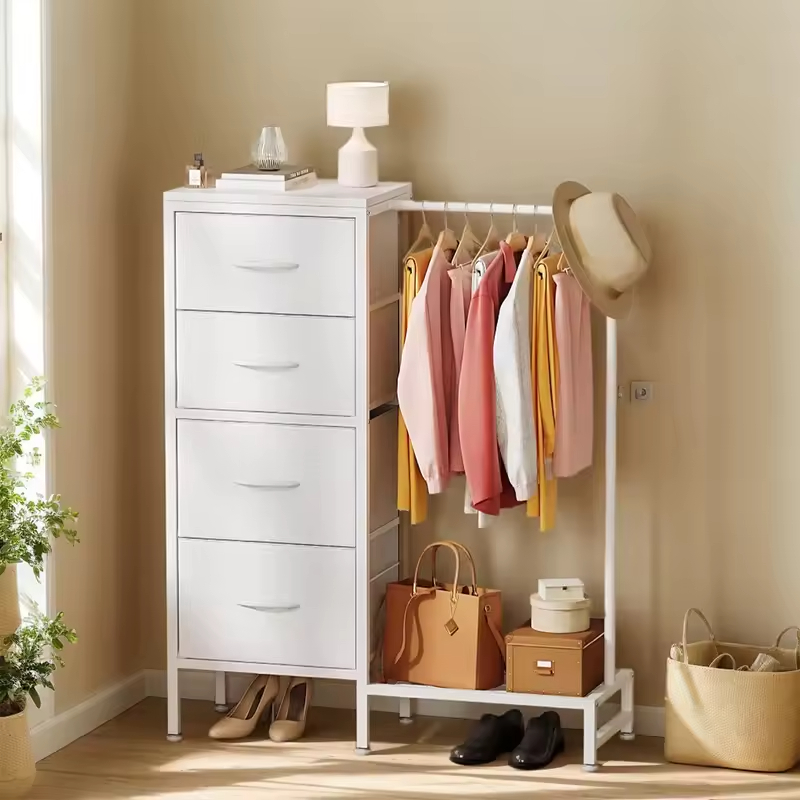 Small Metal Frame Bedroom Organizer with Hanging Rack and 4 Drawers Space-Saving Furniture for Bathroom Hotel Dorm or Closet