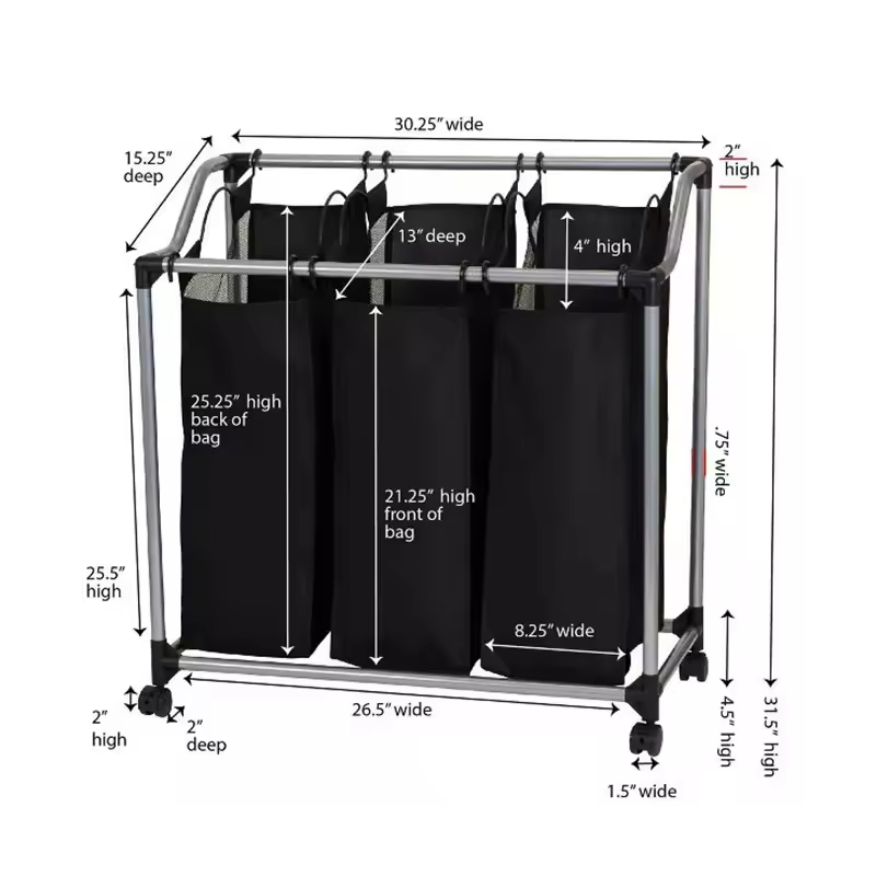 ODM OEM Triple Sorter Laundry Storage Box Household Rolling Hamper with Wheels for Bathroom & Living Room