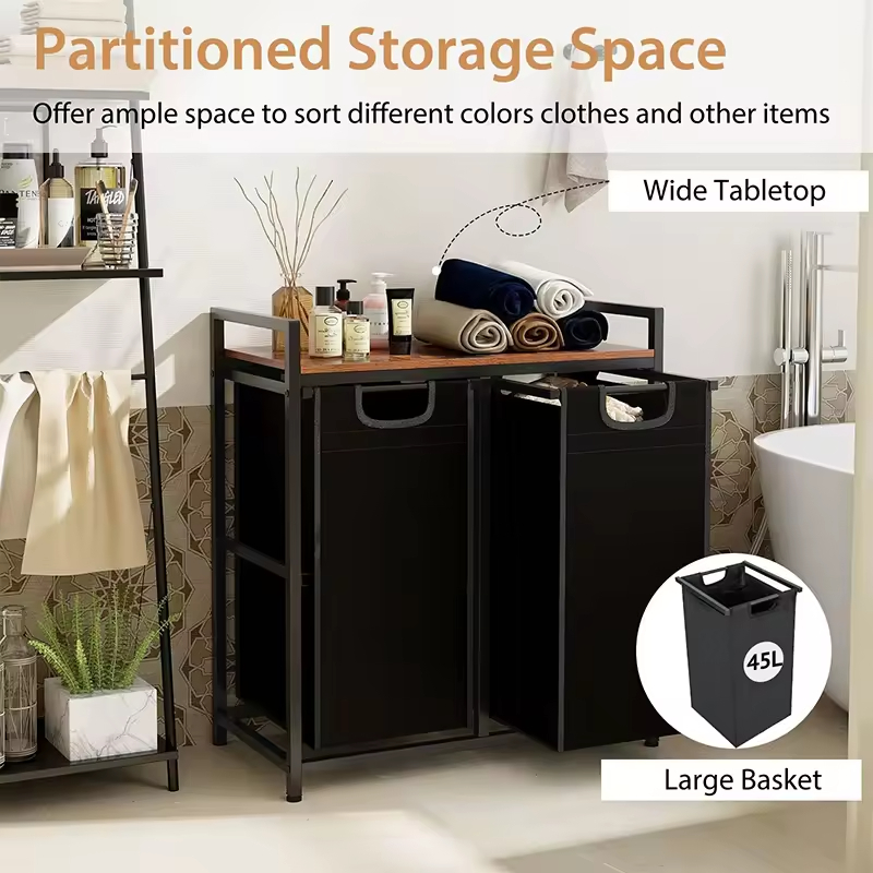 Factory Custom Rustic Double-Tier Waterproof Laundry Basket Removable Compartments Steel Wood Construction Storage Baskets
