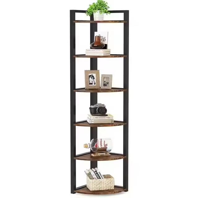 OEM&ODM Spine Shaped 71-Inch Wood 6-Shelf Strong Load-Bearing Bookcase Corner Living Room Metal Wood Display Rack Standing