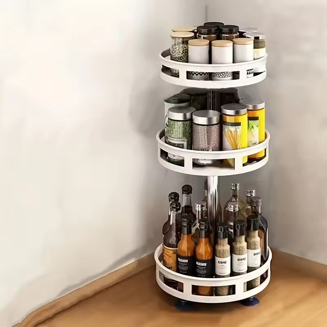 Factory Custom 3-Layer Rotatable Kitchen Seasoning Rack with Three Baskets Storage Shelf Kitchen Metal Multi-fuction Spice Racks