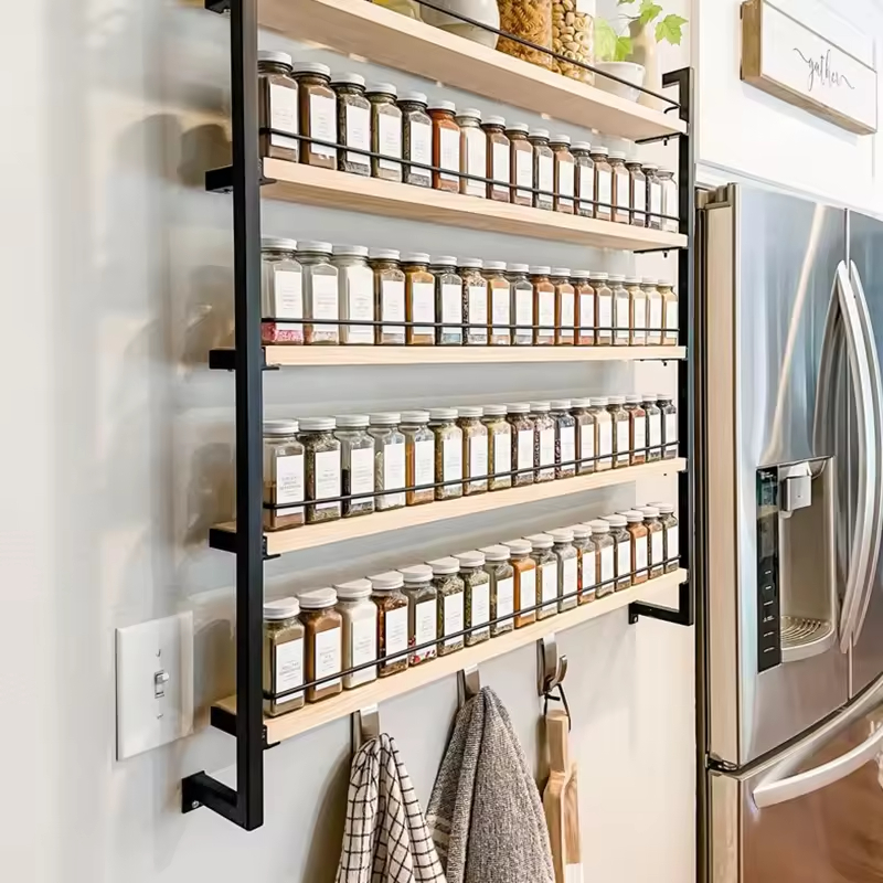Custom 5-Tier Hanging Spice Rack Organizer Multi-Functional Steel-Wood Spice Storage Holder 5-Tier Hanging Spice Rack