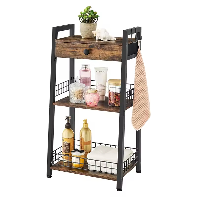 Custom 3-Tier Space Saving Bathroom Ladder Shelf Bathroom Floor Storage Organizer Shelf With Drawer