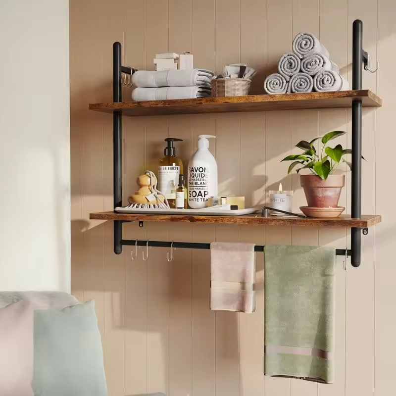 Factory Custom Housing Wholesale Kitchen Wall Shelf Shower Storage Organizer Wood Towel Racks Industrial Pipe Floating Shelving