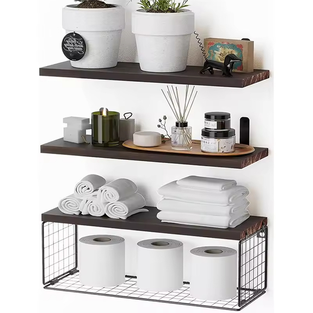 Factory Custom Shower Caddy Shelf Storage Holders Wall Mounted Floating Shelves with Metal Frame Rustic Wood Bathroom Organizer