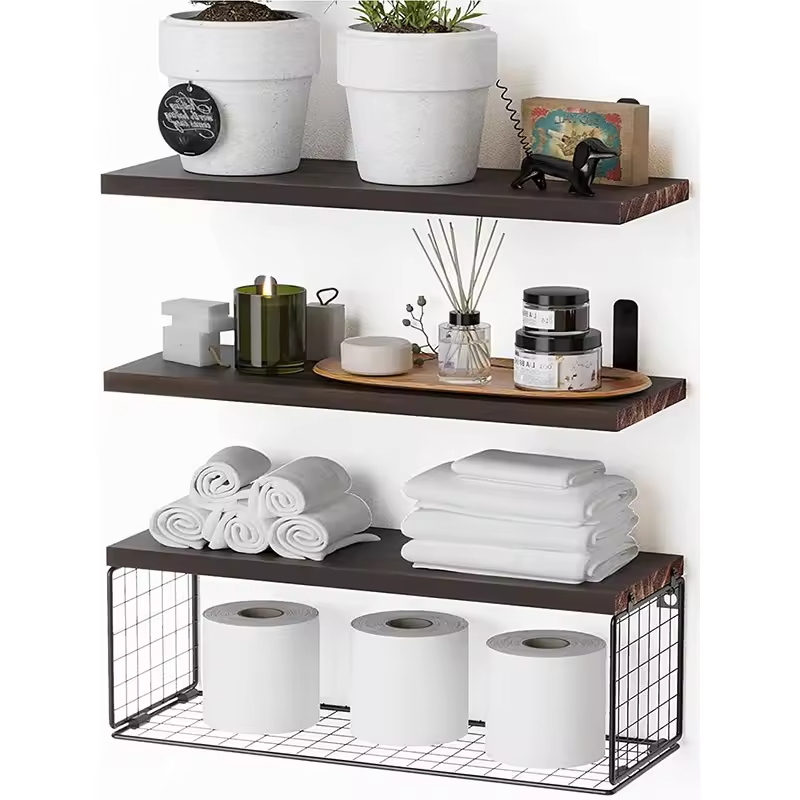 Factory Custom Shower Caddy Shelf Storage Holders Wall Mounted Floating Shelves with Metal Frame Rustic Wood Bathroom Organizer