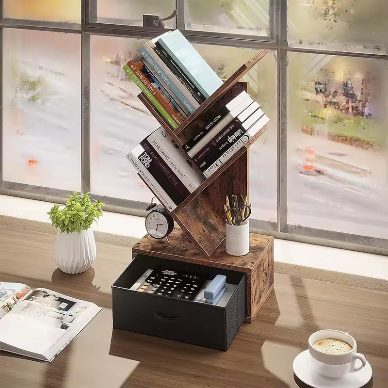 Wholesale Space Saving Wooden Bookshelf with Drawer 4 Shelves Living Room Storage Rack Retro Modern Design