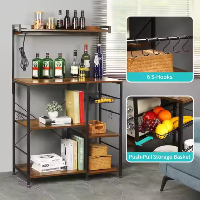 Wholesale 6-Tier Metal Wood Baker Rack with Power Outlet Manufacturer Kitchen Storage Rack for Islands & Carts