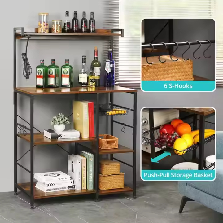 Wholesale 6-Tier Metal Wood Baker Rack with Power Outlet Manufacturer Kitchen Storage Rack for Islands & Carts
