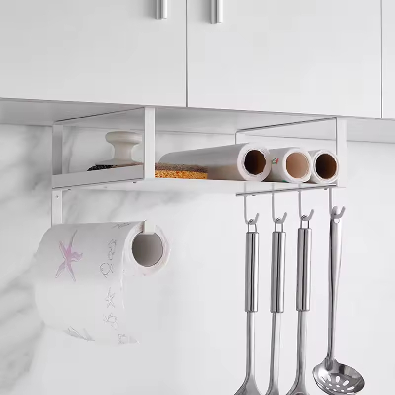 Custom Metal Wall-Mounted Double-Tiered Spoon Fork Spatula Rack Shelf Organizer with Multifunctional Facial Tissue Holders