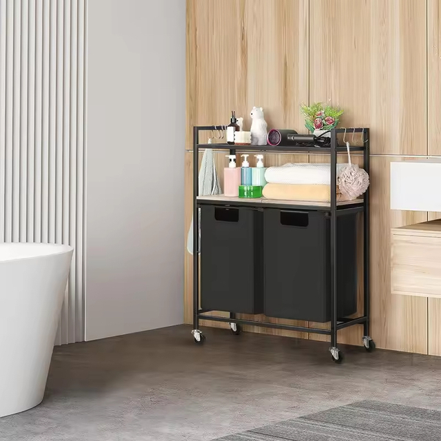 Custom Rustic Rolling Laundry Center with 2 Divided Shelves Factory-Built Bathroom Organizer and Storage Hamper for Clothing