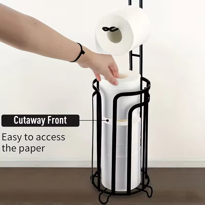 Custom Eco-Friendly Metal+Wood Floor-Standing Tissue Paper Roll Stand Space-Saving Bathroom Toilet Storage Rack