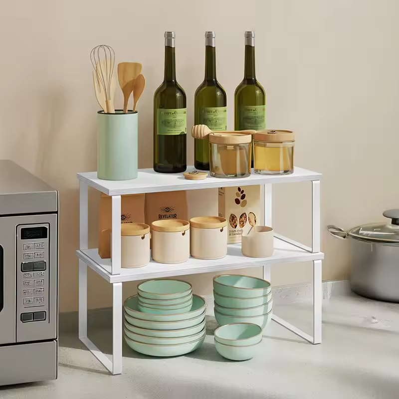 Customized Black Stackable Cabinet Storage Rack Wooden Metal 2 Set with Double Tiers for Kitchen & Living Room Organizer