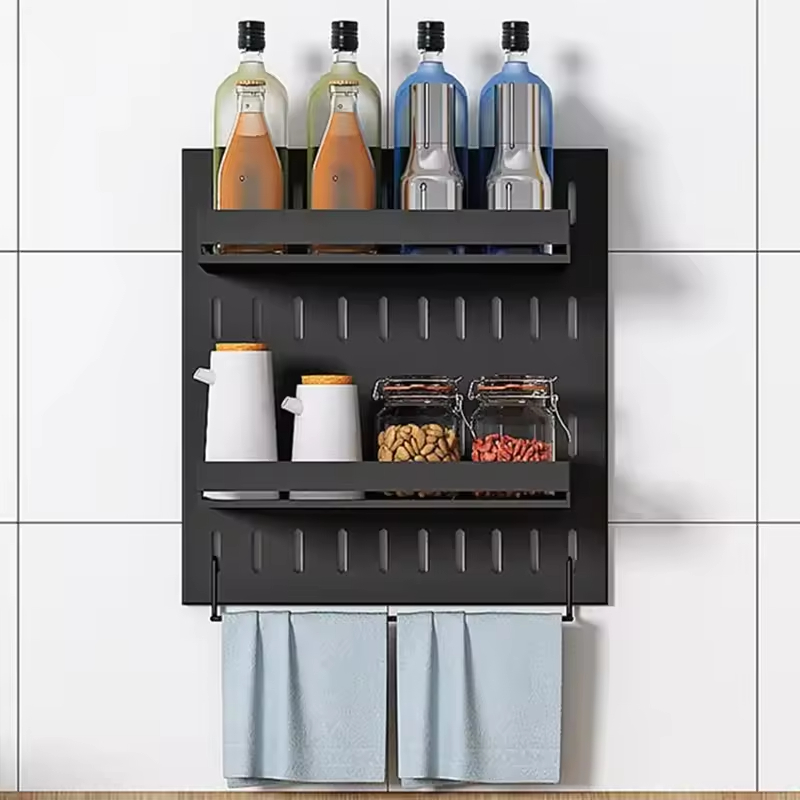 Customized Large-Capacity Stainless Steel Magnetic Black Seasoning Rack Detachable Multi-Function Spice Holder for Kitchen for