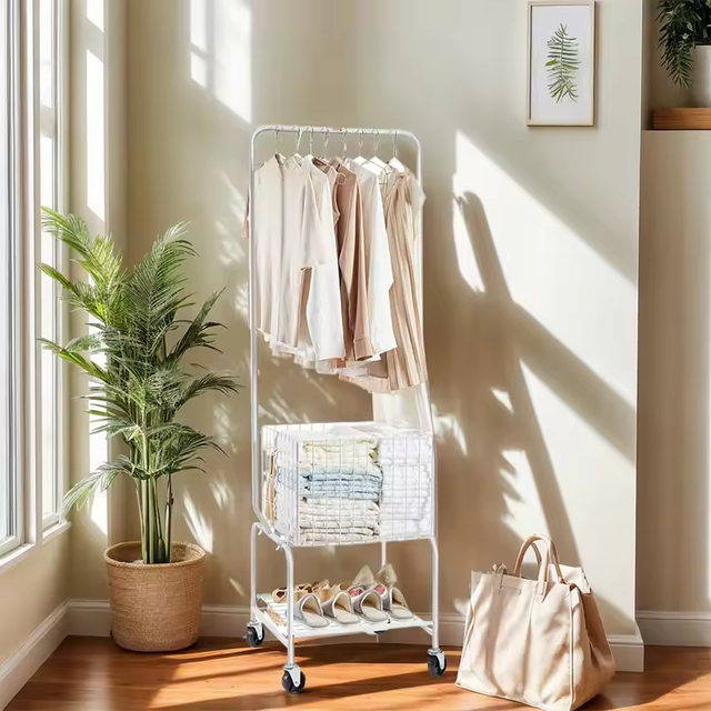 Heavy-Duty Metal Laundry Cart with 4 Wheels Hanging Rack Mobile Bathroom Organizer Commercial Laundry Hamper for Hotel Apartment