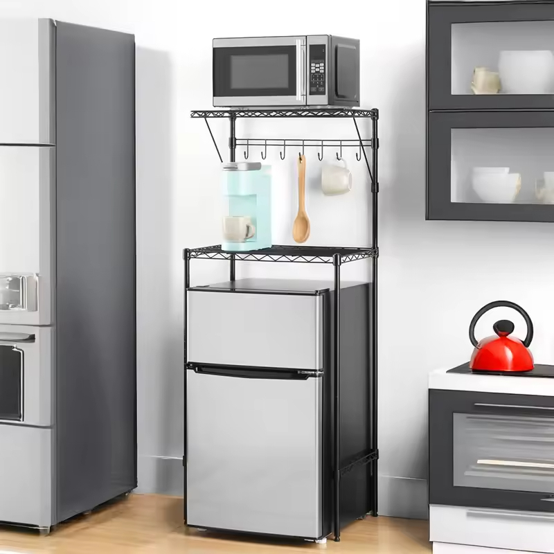 Modern Kitchen Cabinet with Microwave Storage Stand Stainless Steel Baker Rack Design