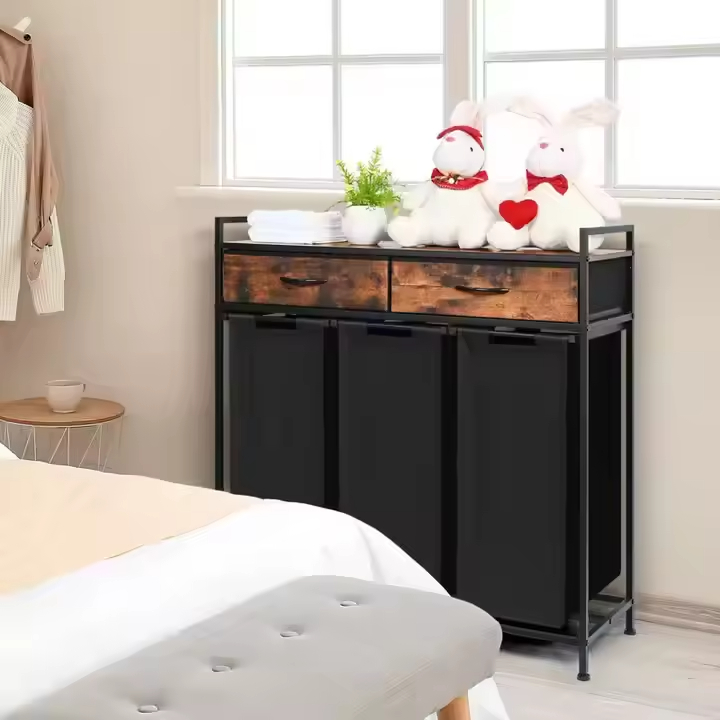 Custom Rustic Dirty Clothes Bathroom Storage Basket with 3 Bags and 2 Drawers Factory Direct Bedroom Laundry Hamper