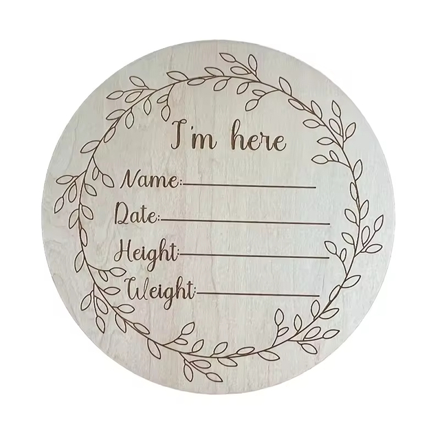 Modern Eco-Friendly Freestanding 3D Circular Small Plaque Hand Engraved Wooden 'Hello World' Baby Love Announcement Birth Board