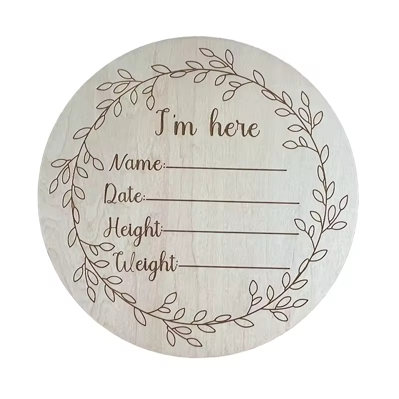 Modern Eco-Friendly Freestanding 3D Circular Small Plaque Hand Engraved Wooden 'Hello World' Baby Love Announcement Birth Board
