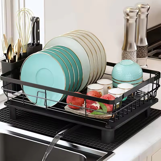 Factory Custom Eco-Friendly Stainless Steel Compact Dish Rack Utensil Holder Drain Spout for Kitchen Floor Installation Spice