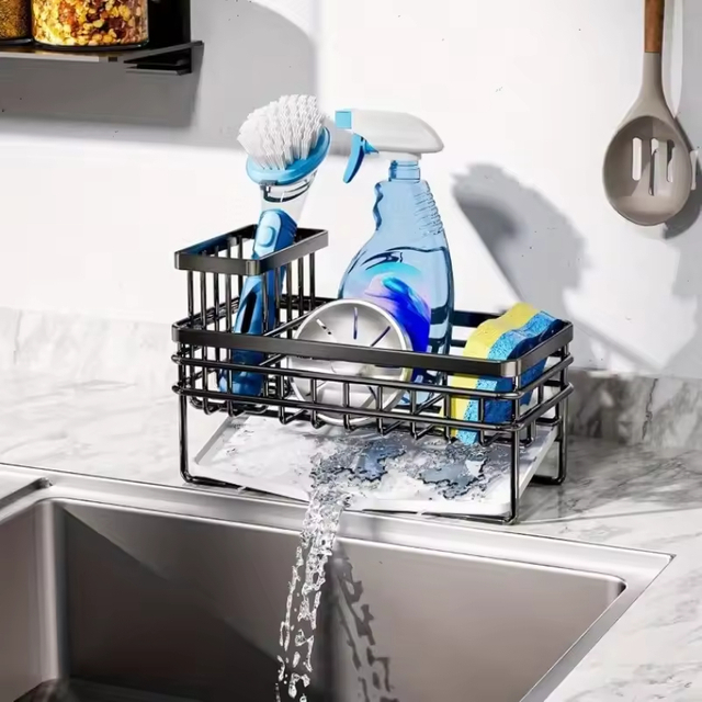 Manufacturer OEM Stainless Steel Kitchen Sink Organizer - Countertop Sponge Soap & Dishcloth Holder with Drainer Rack