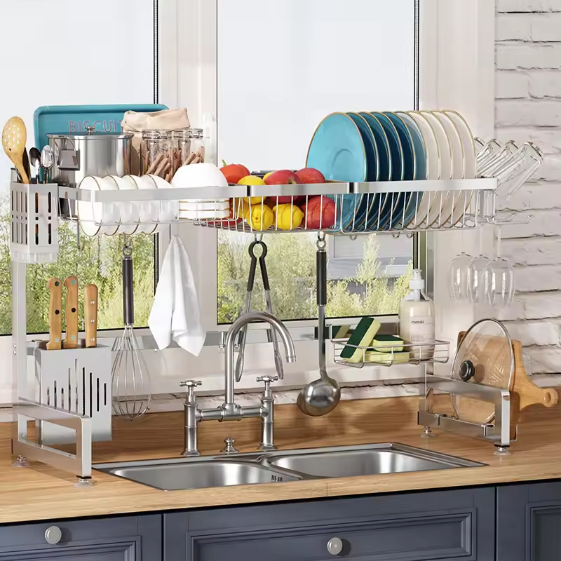 Factory Custom 2-Tier Adjustable Length(33.5-36.2in) Stainless Steel Dish Rack Over Sink Dish Rack Dish Drying Rack
