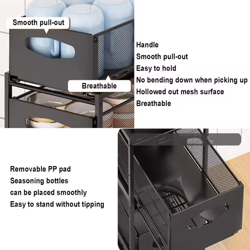 OEM&ODM Double Tier Metal Standing Type Under Cabinet Storage Organizer with Sliding Drawer for Kitchen Toiletries/Spice