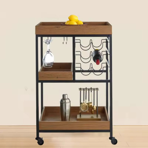 Customize Wooden Tray Top Bar Cart Multifunctional Metal and Wood Lockers with Hooks Three Layers of Bedroom Storage Racks