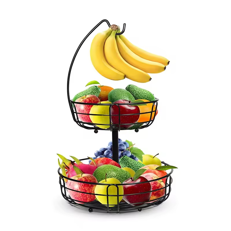 Custom 2 Tier Detachable High- Fruit Bowl With Banana Hanger for Kitchen Fruit Basket