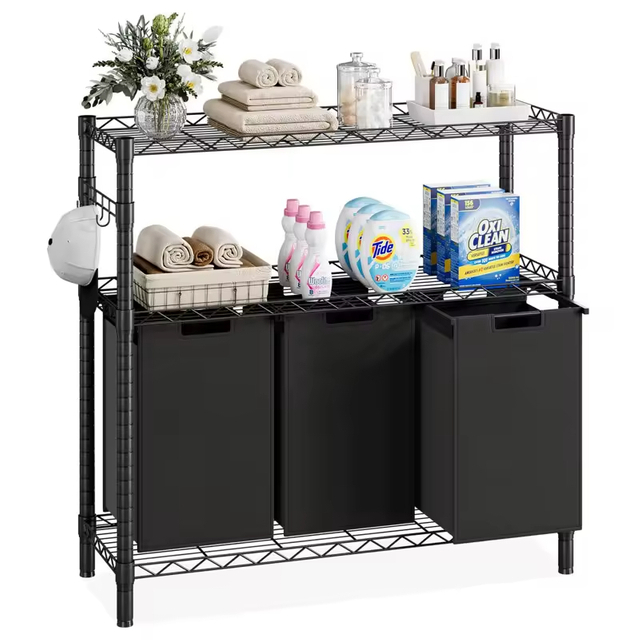 Factory Custom Bathroom Storage Metal Frame 3 Bags 2-tire Shelf Big-capacity Laundry Hamper