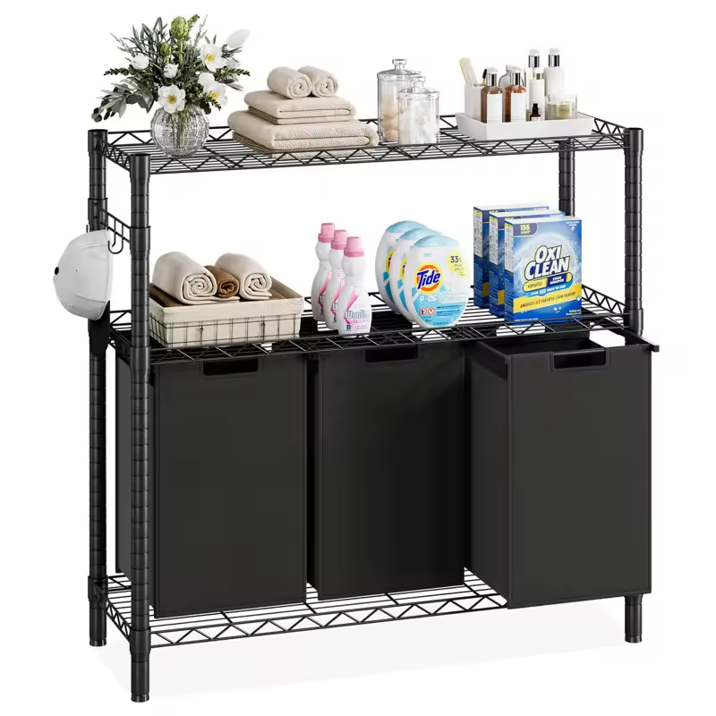 Factory Custom Bathroom Storage Metal Frame 3 Bags 2-tire Shelf Big-capacity Laundry Hamper