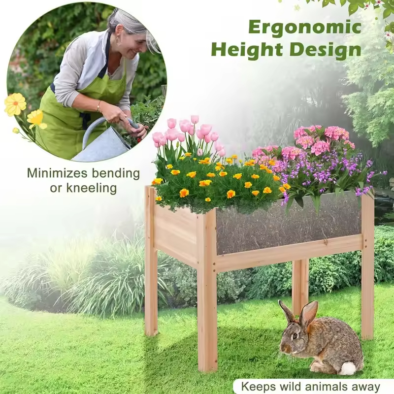 Factory Customizable 59\" Raised Wooden Garden Bed with Metal Trellis Open Storage Shelves & Drain Holes Bookcases & Bookshelves