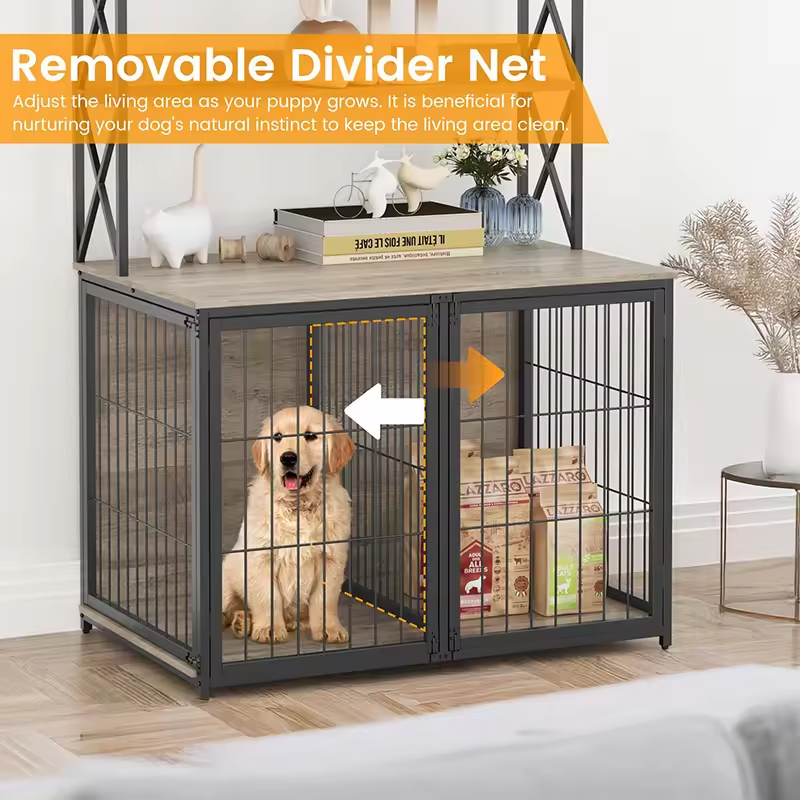 Modern Factory Custom Dog Cage Storage Shelves Furniture-Style Dog Crate Three Doors Detachable Divider Net Metal+Wood Portable