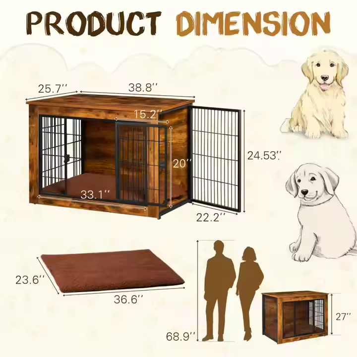 ODM & OEM Heavy-Duty Dog Kennel Furniture Vintage Style Crate with Thick Cushion & Double Doors for Small to Large Dogs