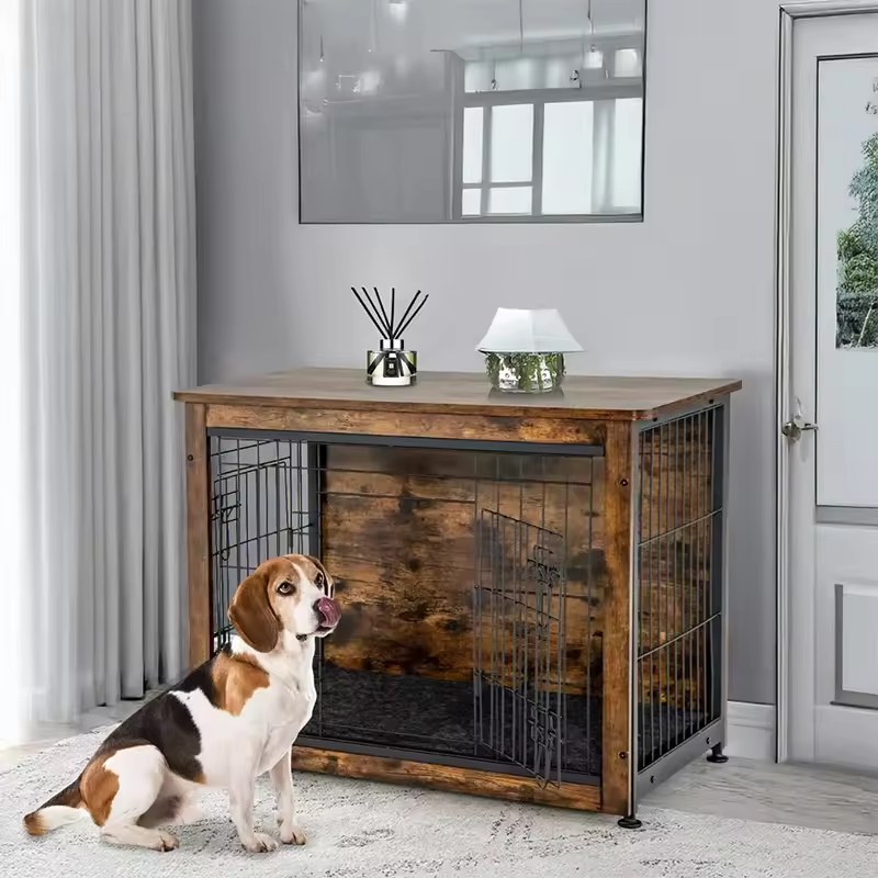 Factory Custom Modern Multifunctional Standing Type Dog Crate Furniture Pad Bed Double Doors Dog Kennel End Table Indoor