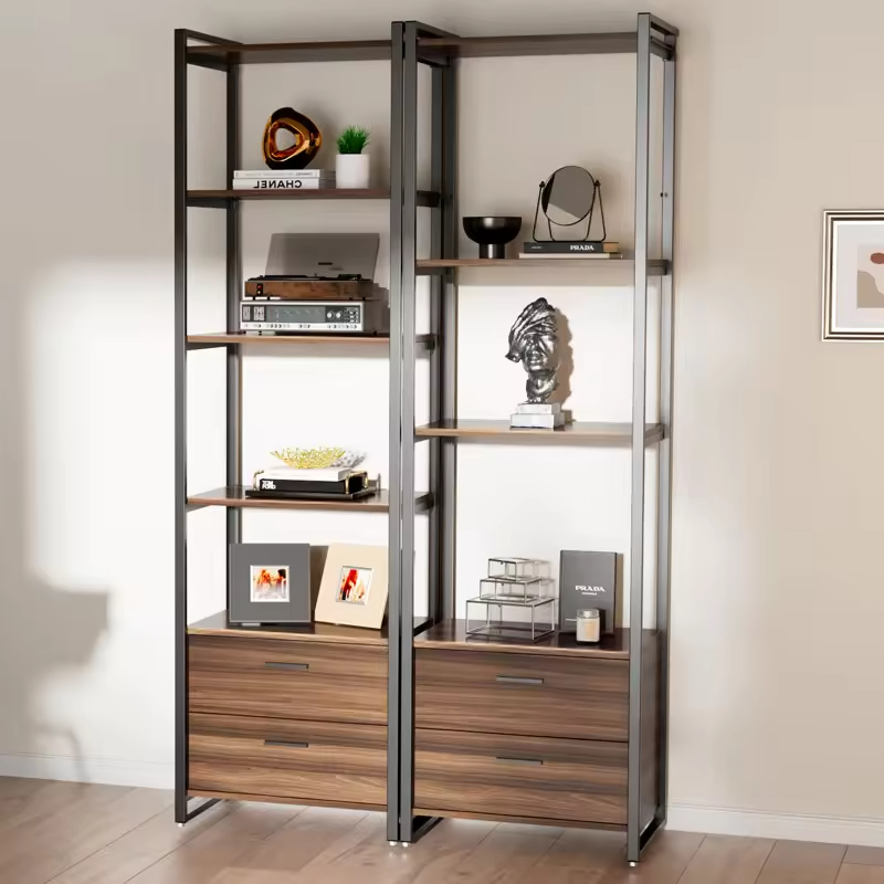 Factory Customized Space-Saving 5-Tier Open Shelves 2 Storage Drawers (Metal Wood) 85.2'' H X 24.8'' W X 18.86'' D for Living