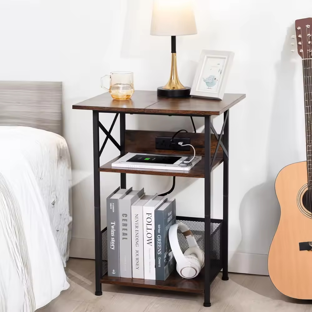 Modern 3-Tier Solid Wood & Metal End Table Record Player Stand with Charging Station and Storage Cabinet for Bedroom