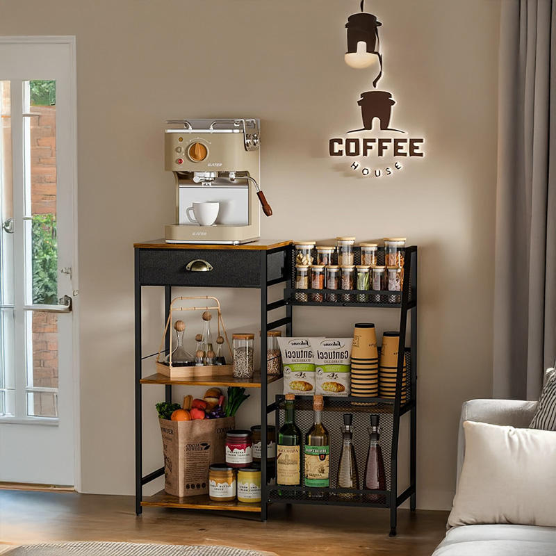 Modern Rustic Single-Tier Wood Coffee Bar Cabinet Brown Drawers Metal Storage Rack for Kitchen Living Room for Small Farmhouse